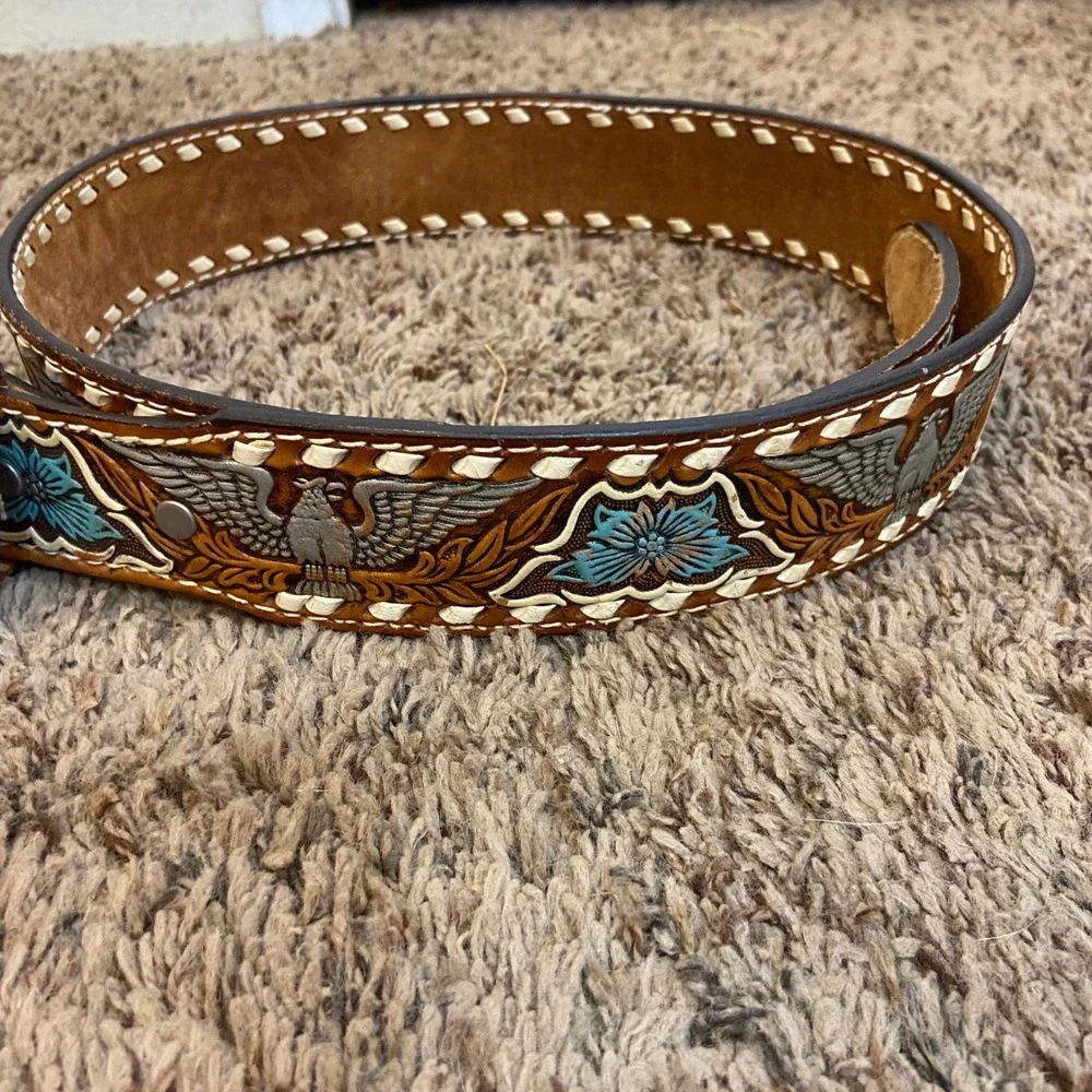 Fort Worth Leather Western Cowboy Belt 34 Brown Tooled Eagle Floral Laced READ